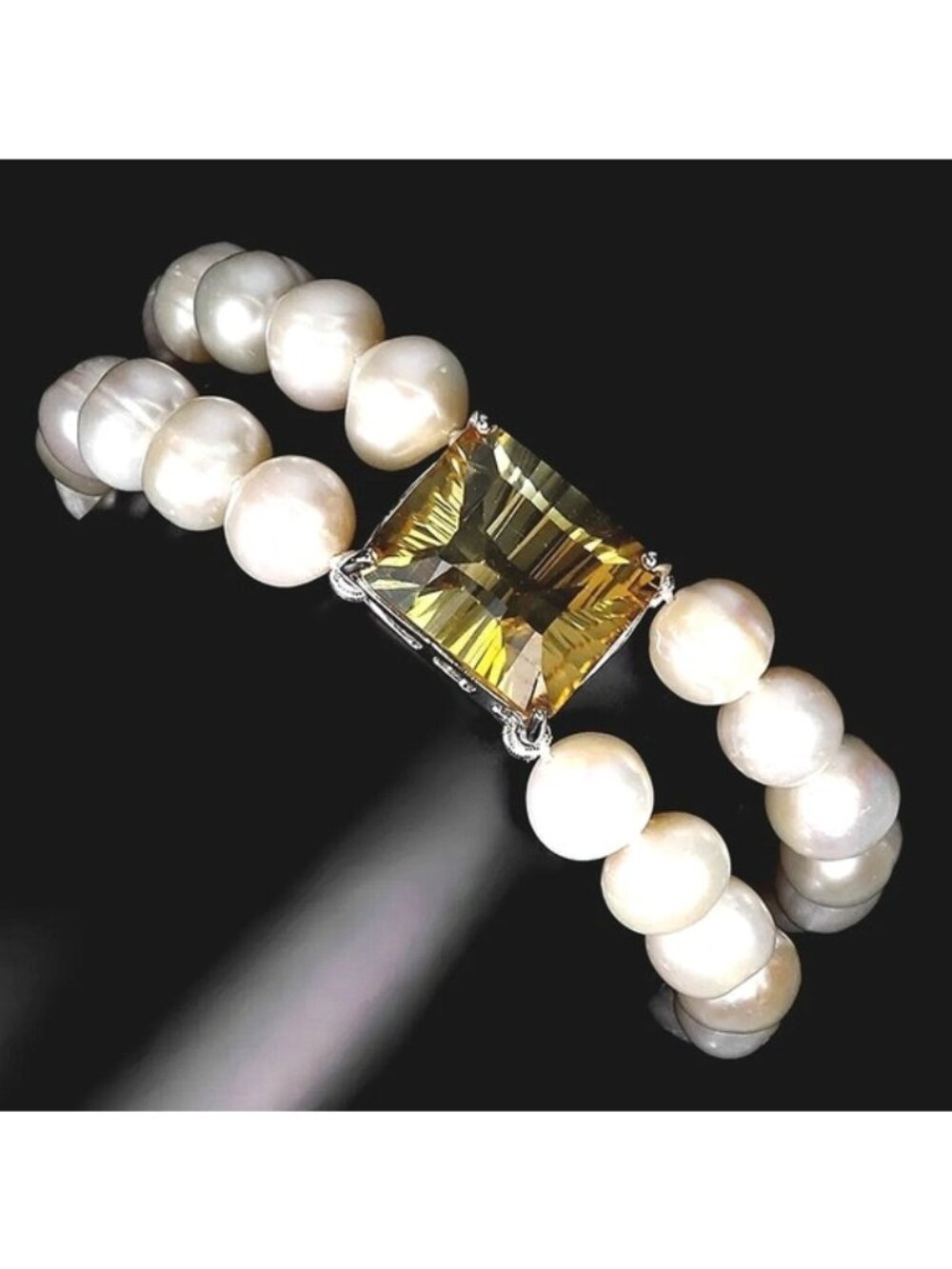 Natural Citrine & Cultured Pearl 925‎ Sterling Silver Bracelet 8"
